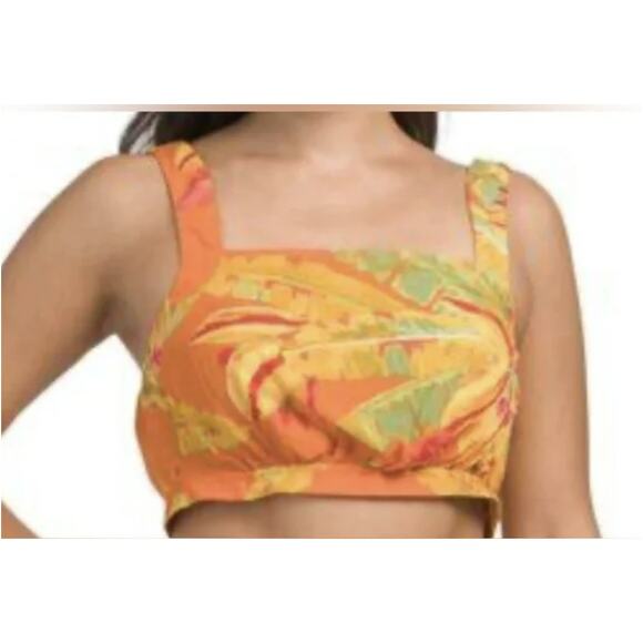 Haute Hippie Tropical Leaf Print Crop Top Womens M Orange Button Back Tie Waist - Picture 1 of 8